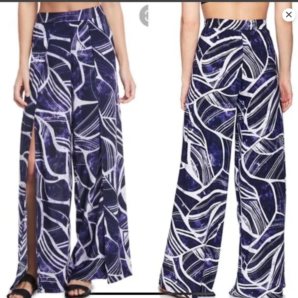 NWT La Blanca Blue & White Split Wide Leg Beach Pants Medium 33” Inseam